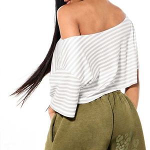 Women's Slinky One Shoulder Striped Crop Top Asymmetrical Long Sleeve Going Out Relaxed Fit Neutral Stripe Summer Top - Product Image 2