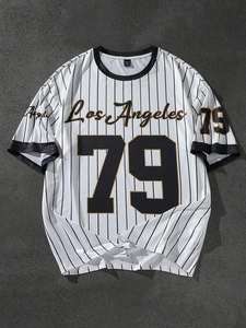 Maillot de baseball vintage à rayures fines, style streetwear oversize avec graphique personnalisé, haut d'été, vente en gros - Product Image 3