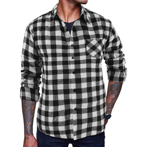 Custom Men's Retro Autumn Winter Plaid Shirt Polyester Long Sleeved Button Smart Casual Thick Black <b>White</b> <b>Flannel</b> Shirt - Product Image 5
