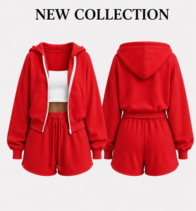 Ensemble décontracté 2 pièces pour femme : sweat à capuche et short, haut court à manches longues, survêtement en polaire écologique, tenue de détente avec logo - Product Image 6