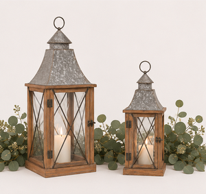 <b>Set</b> of 2 Rustic Farmhouse Wooden <b>Lanterns</b> with Galvanized Metal Top for Indoor Outdoor Home Decor Wedding Table Centerpieces - Product Image 3