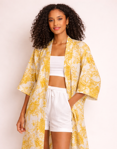 ชุดคลุมยาวคลุมเข่า แขนยาว ลายดอกไม้ ผ้าฝ้ายเนื้อวาฟเฟิล รุ่นคลาสสิคสำหรับผู้หญิง ยี่ห้อคิมิโน (Kimino) ผลิตตามแบบ ODM - Product Image 1