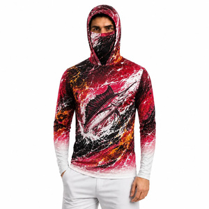 Men's Heat-Transfer Printed Breathable Waterproof Fishing Hoodie Long Sleeve UPF 50 Anti-Uv Sun Protection Shirt Red Black - Product Image 1