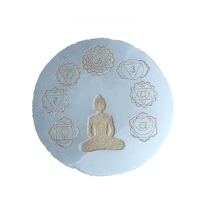 Posavasos de selenita de alta calidad con símbolos de chakras y yoga grabados, discos de carga de cristal para bebidas y café. - Product Image 3