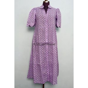 Vestido Midi de Punto 100% Algodón con Estampado Floral, Cierre con Cinturón, Decoración con Botones, Cuello en V, Manga Corta, Silueta en A, Casual para Fiesta - Product Image 3