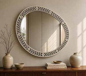 Floral Bone Inlay Eco-Friendly Lightweight <b>Mirror</b> Frame Handmade Indian Artisans for Modern Home Interiors Boutique Wall Accent - Product Image 3