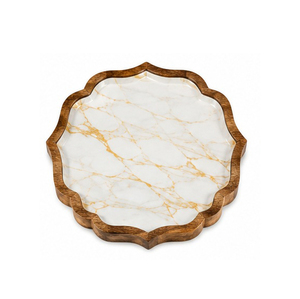 Plateau de rangement en bois bohème, forme polygonale, motif floral sculpté, finition vernie, pour table - Product Image 5