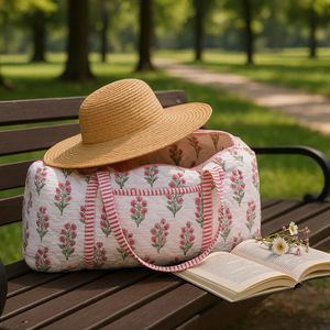 Bolsa de lona de algodón con estampado floral a mano y asas a rayas rosas, informal, de viaje, para fin de semana, portátil, de gran capacidad para mujer - Product Image 4