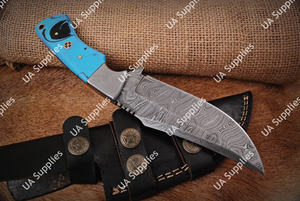 Couteau professionnel à lame fixe en acier Damas à motif torsadé, pleine longueur de lame, pour la chasse et le camping, vente en gros, support OEM/ODM, avec étui - Product Image 4