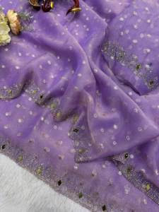 Sari Designer Shadow Jarkan avec broderie de diamants et de miroirs véritables, motif Moss Butti, et pièce de blouse non cousue motif Moss Butti - Product Image 5
