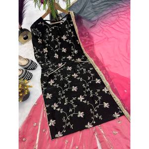 Salwar Kameez de Seda de Diseñador - Elegante Conjunto de Fiesta con Top, Pantalón y Dupatta - Product Image 1