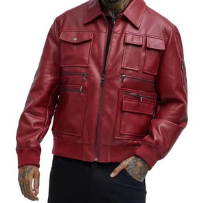 Custom <b>Men's</b> Red <b>Cargo</b> Leather Varsity <b>Jacket</b> Trending Plus Size with Stand Collar Front Logo Zipper Pocket - Product Image 1