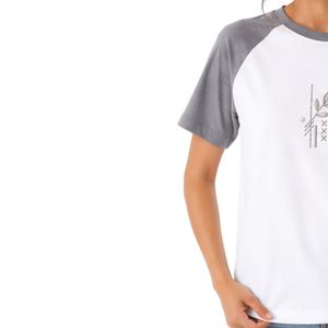 <b>Women</b> <b>White</b> and Gray Raglan T Shirt Minimal Botanical Geometric Print Crew Neck Short Sleeve Cotton Casual Tee Custom OEM ODM - Product Image 3