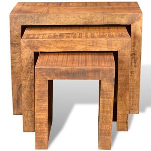 Juego de 3 Mesas Auxiliares Pequeñas Apilables de Madera de Mango Marrón Sólido, Serie de Mesas de Centro - Product Image 3