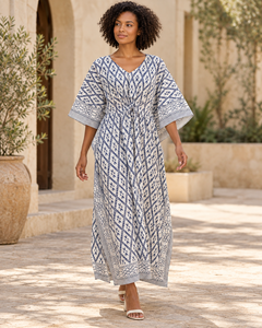 Robe kaftan bohème bleu marine pour femmes, imprimé floral tissé, maxi, col en V, sans manches, respirante, 100% coton, vêtements de resort - Product Image 5