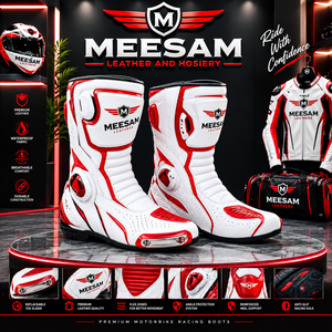 Bottes de moto en cuir blanc et rouge, imperméables et respirantes, pour la course - Product Image 1
