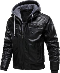 <b>Men</b> Black PU <b>Leather</b> Moto Biker <b>Jacket</b> Hooded Zipper Front Solid Color Autumn Style Slim Fit Regular Sleeve - Product Image 1