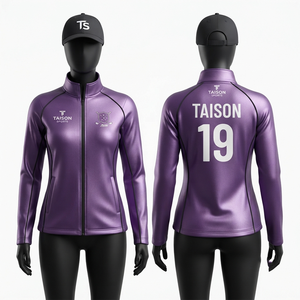 Chaqueta de Golf Premium para Mujer, 250 GSM, Poliéster Interlock, Color Morado con Paneles en Contraste, Logotipo Personalizado con Transferencia Térmica, OEM - Product Image 1