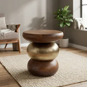 Modern <b>Round</b> Coffee <b>Table</b> Wood Top <b>Gold</b> Metal Base Contemporary Living Room Furniture Handmade Accent <b>Table</b> - Product Image 4