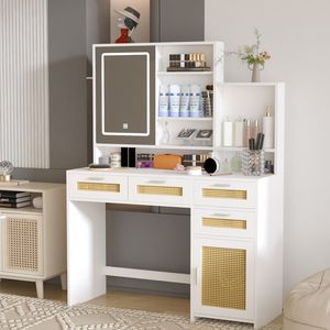 Table de maquillage avec miroir ouvrable, éclairage LED 3 couleurs, 4 tiroirs et 1 étagère, bureau de maquillage pratique - Product Image 1