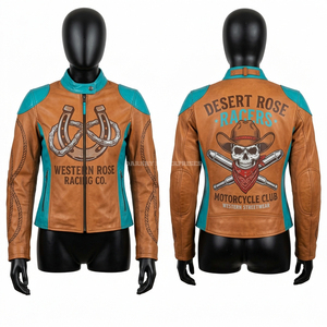 Chaqueta de Cuero Personalizada Estilo Western Rose Racing con Gráfico de Calavera en Tono Bronceado y Verde Azulado, Chaqueta de Motociclista Estilo Vaquero, Ropa Urbana para Clubes de Motociclistas - Product Image 1