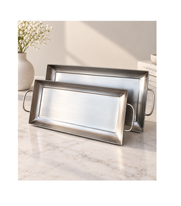 Plateau de service en bois avec poignées en acier inoxydable, forme rectangulaire, plateau à snacks et chocolats, lot de deux tailles différentes - Product Image 5