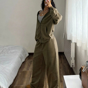 Ensemble de jogging pour femme, coupe ample, coton et polyester, sweat à capuche zippé, respirant, extensible, vêtements de sport, ensemble d'entraînement - Product Image 1