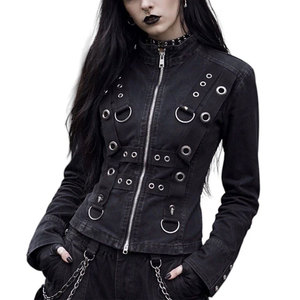 Veste en jean noir délavé pour femme, style gothique emo, punk rock, avec œillets métalliques et boucles, style uniforme - Product Image 1