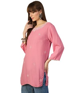 Women's Pink Cotton Viscose Embroidered Kurta with Floral Details Regular Fit Casual Top Quick Dry India Pakistan Style - Product Image 2