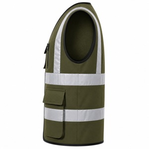 Breathable <b>Mesh</b> Safety Vest Olive Color Reflective Tape Zip Front Multi Pocket Design Construction Workwear Bulk Order 2026 - Product Image 3