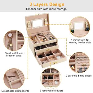 Boîte à bijoux de voyage verrouillable à 3 niveaux en cuir PU avec miroir, étui de rangement et de présentation, boîte de protection pour bijoux - Product Image 3