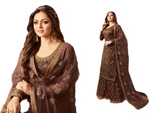 Ensemble Salwar Kameez 3 pièces pour femme, en soie jacquard lourde et georgette, avec broderies et manches longues, design Kurta. - Product Image 3