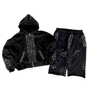 Sweats à capuche pour hommes Ensemble pantalon de survêtement et sweat à capuche en strass 100% coton Ensemble délavé à l'acide Survêtement lourd surdimensionné à fermeture éclair complète pour hommes - Product Image 1
