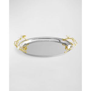 Plateau de service ovale en acier inoxydable de haute qualité, fait main, design élégant, avec poignées en forme de branche et de fleur dorée, pour usage hôtelier - Product Image 5