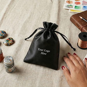 Luxury Premium Fabric <b>Pouch</b> Black Satin <b>Drawstring</b> Bag Jewelry Storage With Custom Logo Cosmetic Storage <b>Pouch</b> - Product Image 1