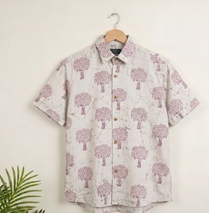 Handmade Hand Drawn Print Batik Fabric Striped Floral Formal Half Sleeve Shirt for Men Eco-Friendly Breathable - Product Image 3