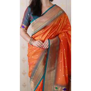 Sari en soie Paithani Bandhani orange tissé avec des fils Zari, écharpe et châle traditionnels indiens - Product Image 4