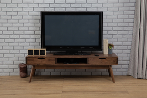 Meuble TV en bois massif de style Mid-Century Modern avec 2 tiroirs de rangement, pieds coniques, finition noyer foncé, compatible avec les téléviseurs de 50 à 54 pouces, idéal pour le salon - Product Image 5