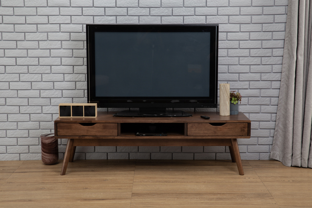 Mid-Century Modern Solid Wood TV Stand 2 Storage Drawers Tapered Legs Dark Walnut Finish Durable Easy Assembly Fits 50-54" TVs