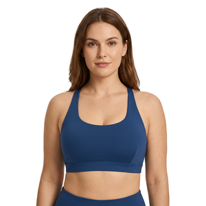 Sujetador deportivo de yoga con tirantes para mujer, soporte medio, transpirable, de elastano y poliéster, azul liso - Product Image 2