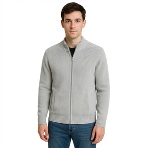 Cardigan épais à col montant zippé pour homme, en maille côtelée, chaud, avec poches, coupe ajustée, pull tricoté décontracté, gris - Product Image 1