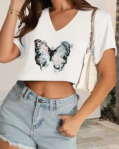 Tops courts pour femmes de haute qualité, t-shirts basiques d'été, t-shirts à col en V, vêtements décontractés, top court - Product Image 3