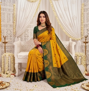 Sari de Seda Banarasi Amarillo Verde de AARA Fashion con Diseño Tradicional, Protección Solar, Estampado Digital - Ropa para Bodas y Festivales - Product Image 4