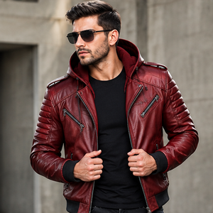 Chaqueta de Moto con Capucha para Hombre, de Cuero PU Rojo, Corte Ajustado, Transpirable, de Secado Rápido, Forro de Lana, Cierre de Cremallera, Estilo Urbano - Product Image 5