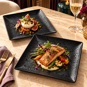 Platos cuadrados negros con textura craquelada y bordes redondeados |   Juego de Vajilla Negra Moderna para una Cena Elegante y Contemporánea - Product Image 4