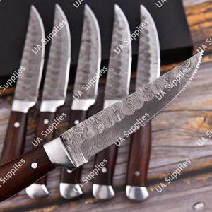 Custom Handmade Damascus Steel 6 Pcs Full Tang Partial Serrated Steak Knives Set <b>BBQ</b> Knives OEM Customizable Wholesale Best - Product Image 2