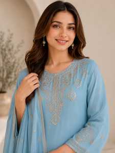 Conjunto PLAZZO para Mujer TENNECY, Rangoli Crush, Hermoso Trabajo de Bordado, Estilo Diwali para Bodas y Fiestas, Elástico para Todas las Temporadas - Product Image 2