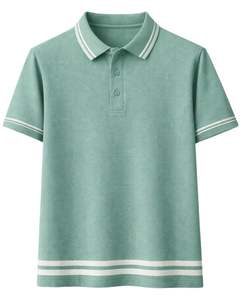 เสื้อโปโลชายสีเขียวทะเลแบบกำหนดเอง ผ้าคอตตอนผสม สวมใส่สบาย แขนสั้น เหมาะสำหรับฤดูร้อน ดีไซน์คอปก แขนเสื้อ และชายเสื้อแบบมีแถบสีตัดกัน - Product Image 1