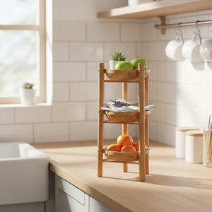 Étagère ronde en bambou à 3 niveaux - Rangement multifonctionnel - Panier en bambou tissé à la main pour la décoration - Product Image 1