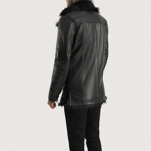 Relevo Industries <b>Men's</b> <b>Black</b> Leather Quilted Jacket Stand Collar <b>Long</b> Sleeve Slim Fit Winter High Street Style Windproof <b>Coat</b> - Product Image 5